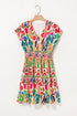 Bohemian Abstract Print V Neck Smocked Waist Tiered Ruffle Mini Dress